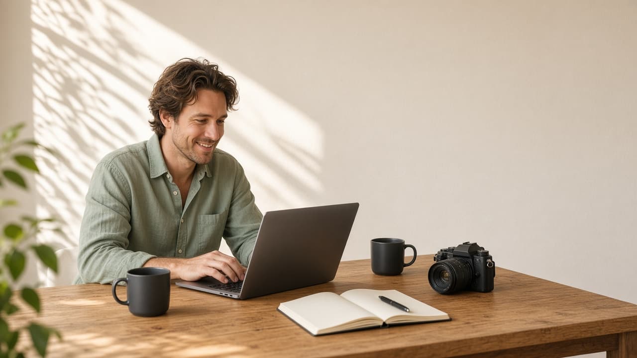 Freelancer working on a laptop in a bright living room