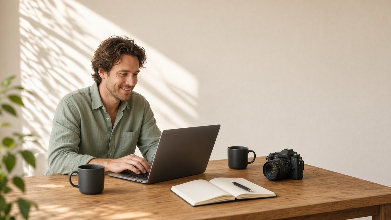 Freelancer working on a laptop in a bright living room